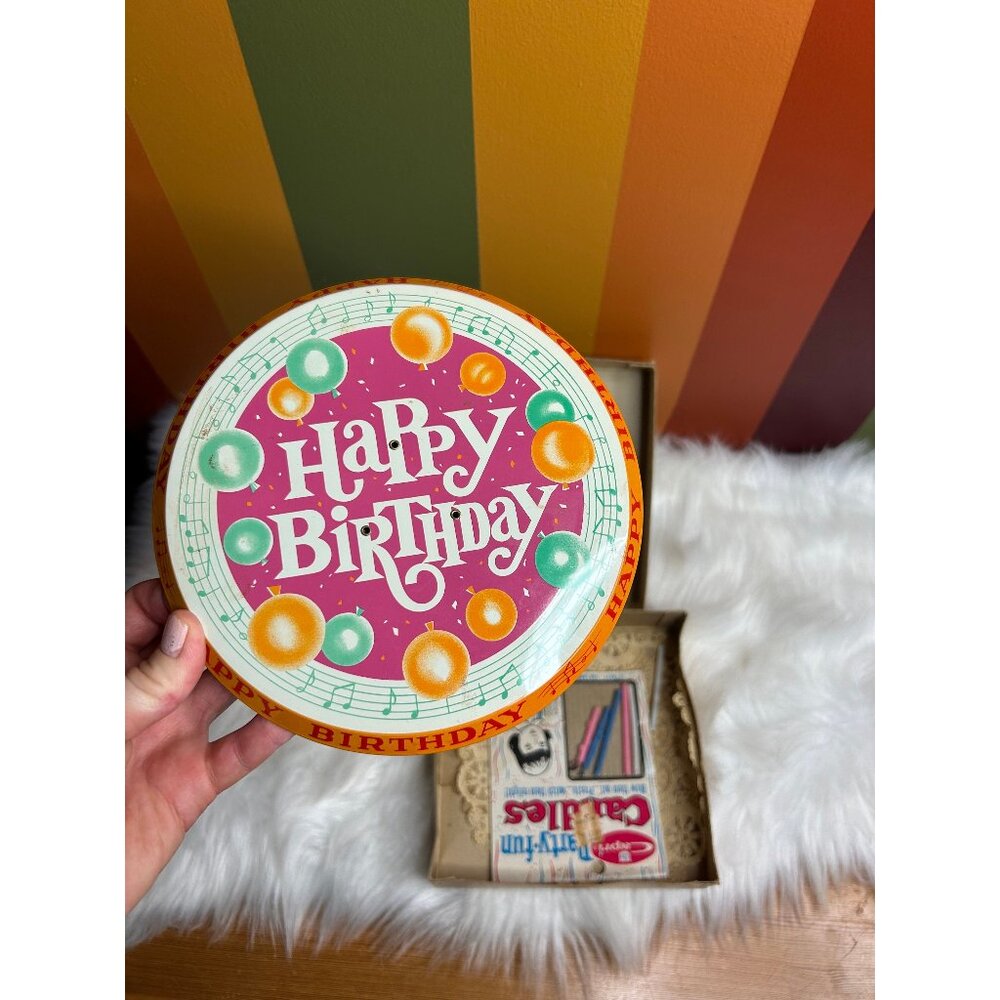 Vintage tin Chadwick miller happy birthday party musical cake plate turning